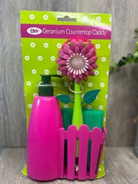 🌸 BW Geranium Countertop Caddy Set Pink | Soap Dispenser Brush Sponge Holder NIB